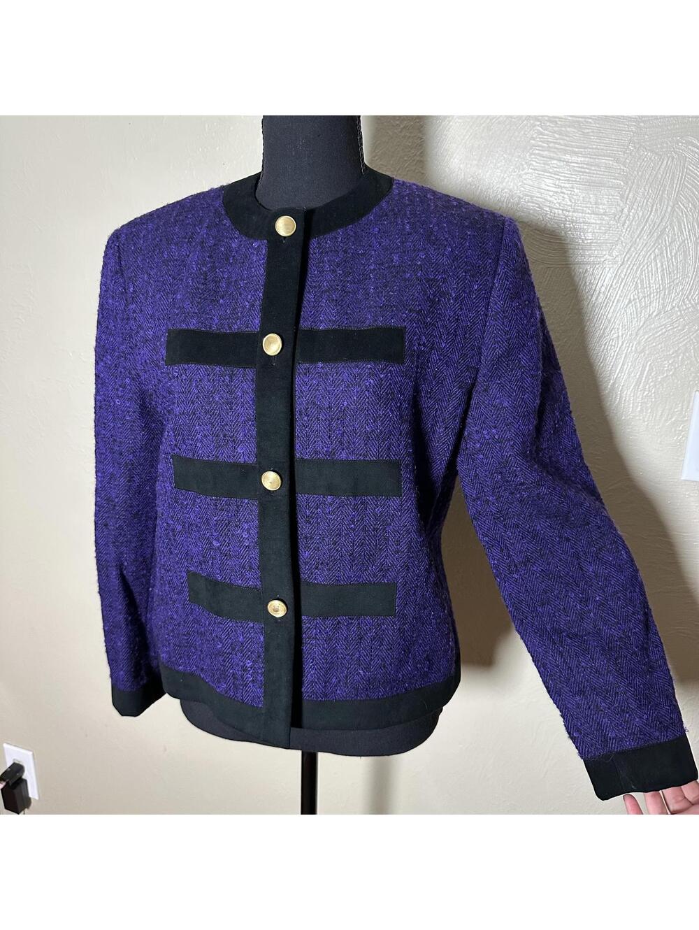 Vintage Jessica Grey Purple 100% Wool Office Old Money Jacket Gold Button Size 8